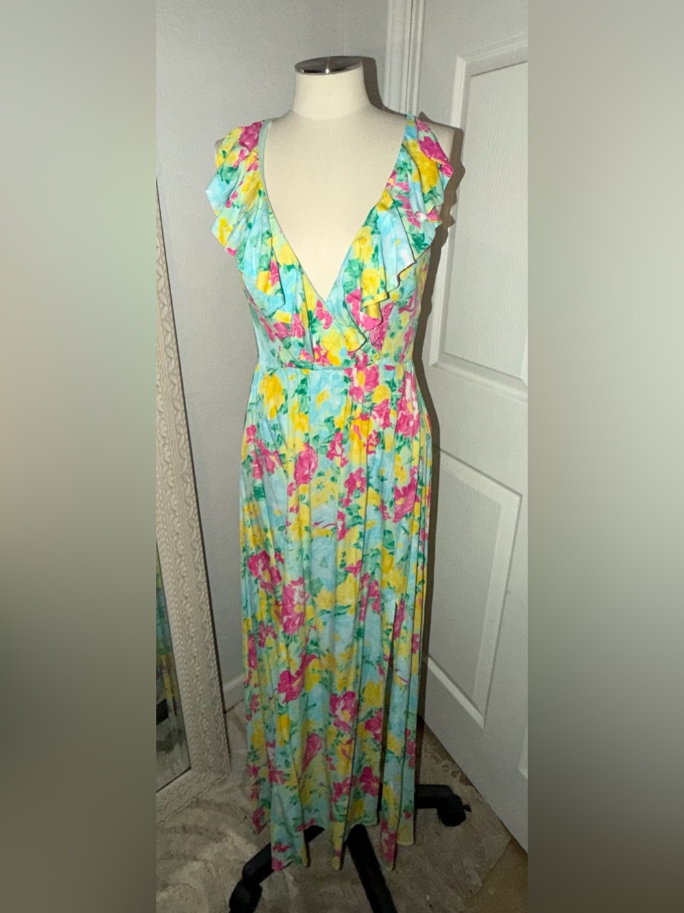 Mika & Gala Floral Ruffle V-Neck Maxi Dress in Aqua, Pink & Yellow